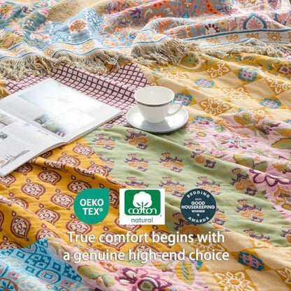VANJOROY Boho Throw Blanket, 100% Organic Cotton Breathable Skin-Friendly Ultra Soft 50" x 60" Bed Quilt Patchwork Throw - Floral Luxury Reversible Blanket for Sofa Couch Chair and Gift,