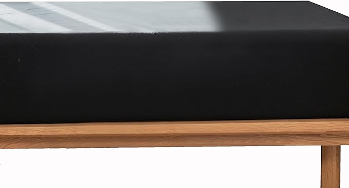 MooMee Fitted Bottom Sheet Only 100% Washed Cotton Linen Like Textured Breathable Durable Soft Comfy Deep Pocket Fits Mattress up to 17" (Black, Queen)