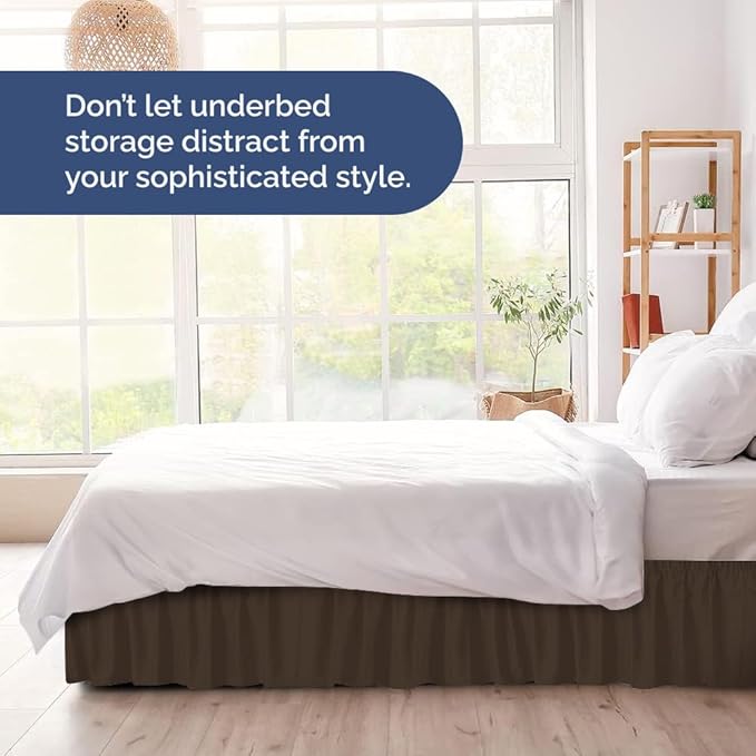 Wrap Around Dust Ruffle Bed Skirt - Brown - for King Size Beds with 21 Inch Drop - Easy Fit Elastic Strap - Adjustable Pleated Bedskirt w/Brushed Fabric - Wrinkle Free - for Women, Men, Kids & Teens