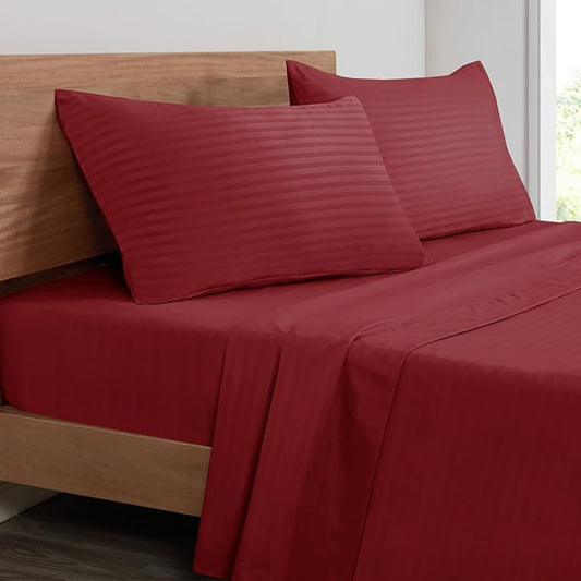 Mejoroom Striped Full Size Sheets – Extra Soft Full Size Bed Sheets - 16inches deep Pocket Full Sheet Set, Breathable, Wrinkle, Fade and Stain Resistant - 4 Piece (02-Burgundy)