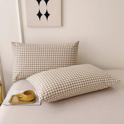 Nayoroom Brown Gingham Duvet Cover Queen Size Tan White Plaid Checkered Duvet Cover Grid Dorm Bedding Set 3 Pieces Soft Lightweight Washed Microfiber Farmhouse Bedding with Pillowcases