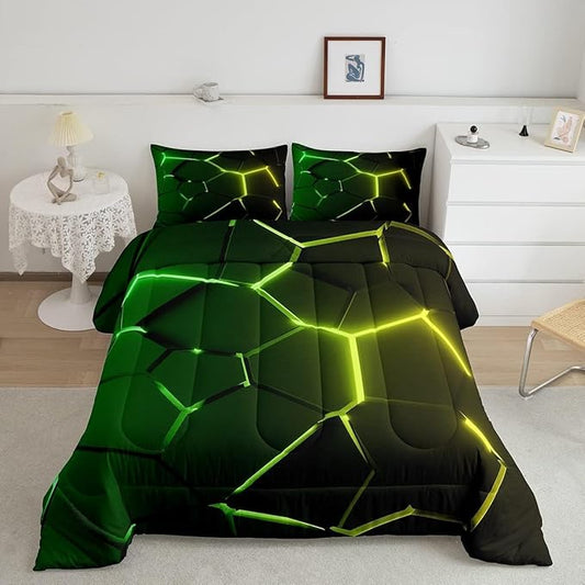 Honeycomb Comforter Green Yellow Hexagonal Print Bedding Set for Kids Boys Girls Children Beehive Geometrical Comforter Set Ultra Soft Decor Reticulated Duvet Set Toddler Size