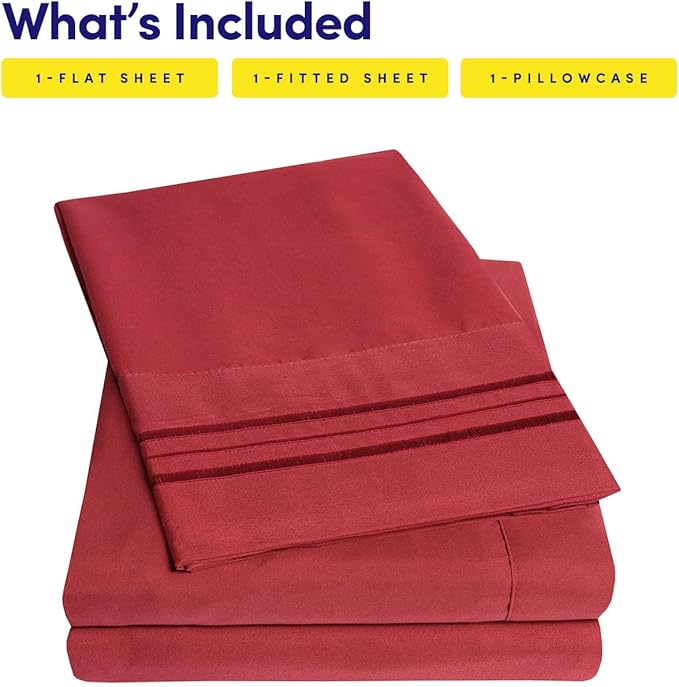 1500 Supreme Collection Twin XL Sheet Sets Red - 3 Piece Bed Sheets and Pillowcase Set for Twin XL Mattress - Extra Soft, Elastic Corner Straps, Deep Pocket Sheets, Twin XL Red