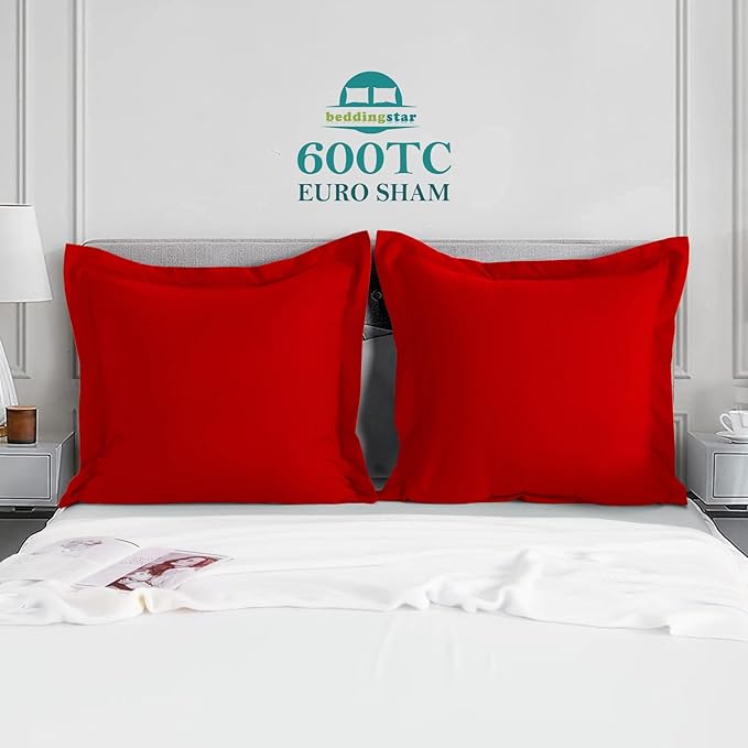 Euro Sham Covers 28x28 Set of 2 Red 600 Thread Count 100% Egyptian Cotton Pack of 2 Euro 28x28 Pillow Covers Cushion Cover Cases Soft Skin Friendly European Size Decorative Square Pillow Shams