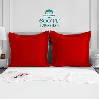 Euro Sham Covers 28x28 Set of 2 Red 600 Thread Count 100% Egyptian Cotton Pack of 2 Euro 28x28 Pillow Covers Cushion Cover Cases Soft Skin Friendly European Size Decorative Square Pillow Shams