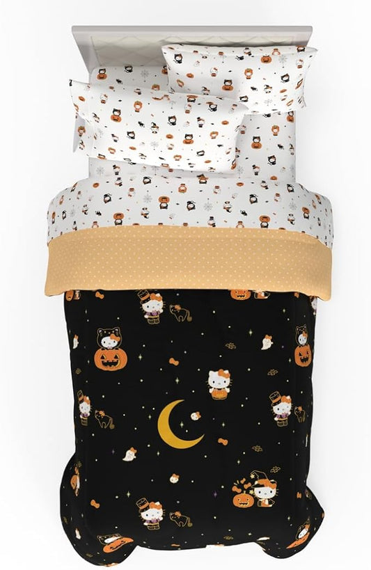 Sanrio Hello Kitty Halloween Pumpkin Twin Bed Set – Super Soft & Cozy 4 Piece Reversible Comforter and Sheet Set (Officially Licensed Product) by Franco