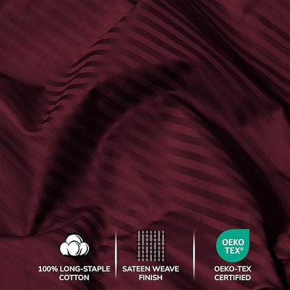 Feather & Stitch 500 TC Full Size Damask Bed Sheet Set, 100% Cotton Soft Breathable Bedsheets, 4 Piece 18" Deep Pockets Sateen Weave Striped Bedding Mattress Resort Hotel Luxury- (Burgundy Stripe)