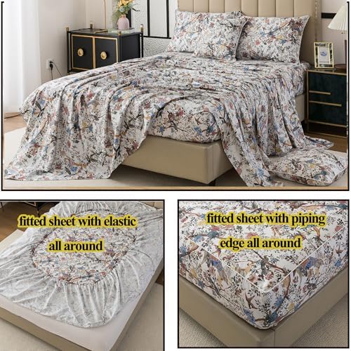 FADFAY Sheets Set Full Botanical Bird Floral Bed Sheets Set Vintage Mocha Mousse Farmhouse Bedding Shabby Branches Bedding 100% Egyptian Cotton Breathable Soft 17.7" Deep Pocket 4Pcs, Full Size