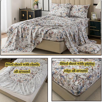 FADFAY Sheets Set Twin XL Botanical Bird Floral Bed Sheets Set Vintage Mocha Mousse Farmhouse Bedding Shabby Branches Bedding 100% Egyptian Cotton Breathable Soft Deep Pocket 4Pcs, Twin XL Size