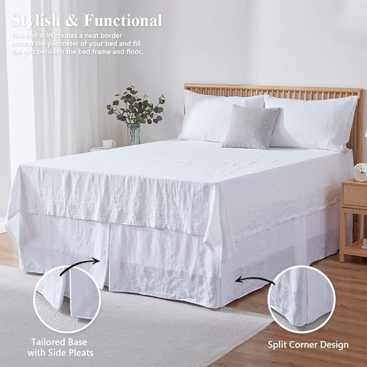 Simple&Opulence Belgian Linen Bed Skirt with Classic 14 inch Tailored Drop Dust Ruffle, Easy Fit Breathable Premium Natural Flax- Basic White, Queen