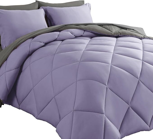 Cosybay Bed in a Bag Full Reversible Comforter Sets 7pcs All Season Down Alternative Bedding Sets Lavender and Grey with Comforter, Pillow Shams, Flat Sheet, Fitted Sheet and Pillowcase