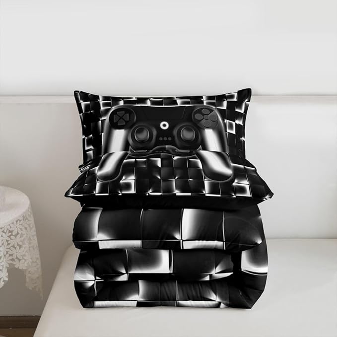 Erosebridal Video Game Full Boys Bedding Set Gamer Kids Comforter Geometric Gaming Bedding Comforter Teen Men Neon Lights Checkered Game Console Bed Set Black White Gradient Gamepad Quilt 3 Piece