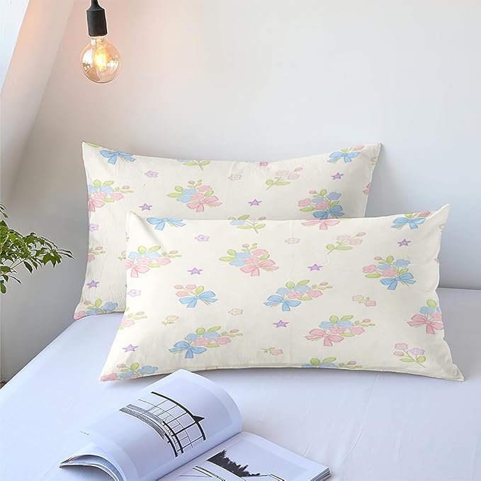 Pink Blue Floral Bedding Set King Size, 3Pcs White Cute Cartoon Bows Comforter Set for Girls Women Bedroom Decor, Includes Comforter (104" x 90") and 2 Pillowcases, All Season