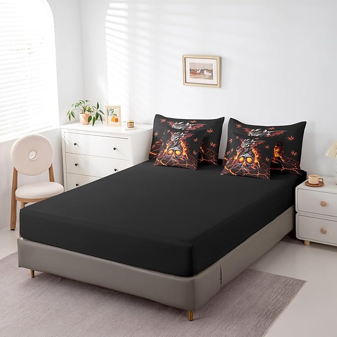 Black Cartoon Dragon Butterfly Comforter Set,Gothic Sugar Skull 7 Piece Bed Set King Size for Kids,Happy Halloween Bed in a Bag Bedding Set with Comforter,Sheet Set,Pillowcases,Pillow Covers
