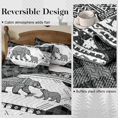 3 Piece Cabin Full/Queen Quilt Sets Farmhouse Rustic Reversible Microfiber Soft Lightweight Bedspread Comforter with 2 Shams Patchwork Country Lodge Bedding Quilts Set for All Season, 90''x96'' , Grey