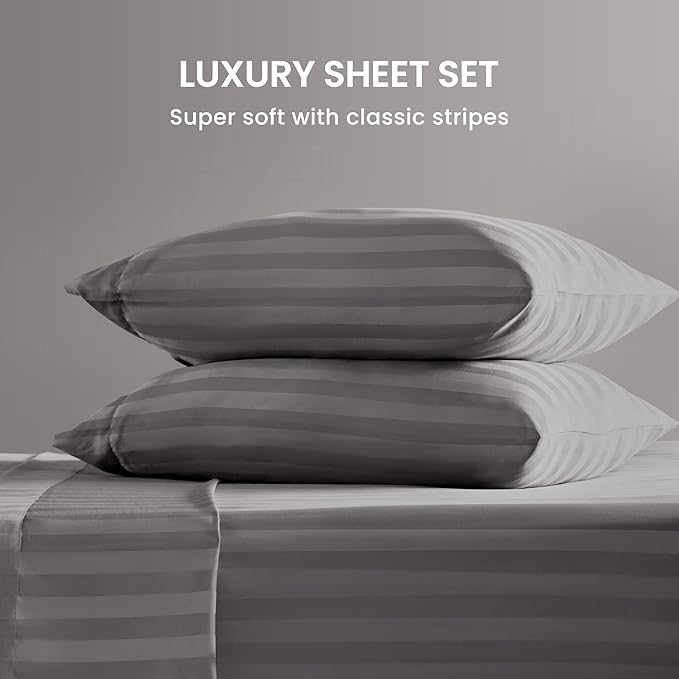 SLEEP ZONE Striped Cooling Queen Sheets Set - Fitted Flat Sheet & Pillowcase Sets 4 Piece - Super Soft Stripe Bed Sheet, Easy Care, Deep Pocket (Gull Grey, Queen)