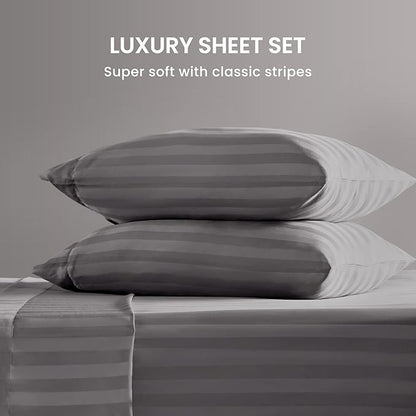 SLEEP ZONE Striped Cooling Sheets Set King Size - Fitted Flat Sheet & Pillowcase Sets 4 Piece - Super Soft Stripe Bed Sheet, Easy Care, Deep Pocket (Gull Grey, King)