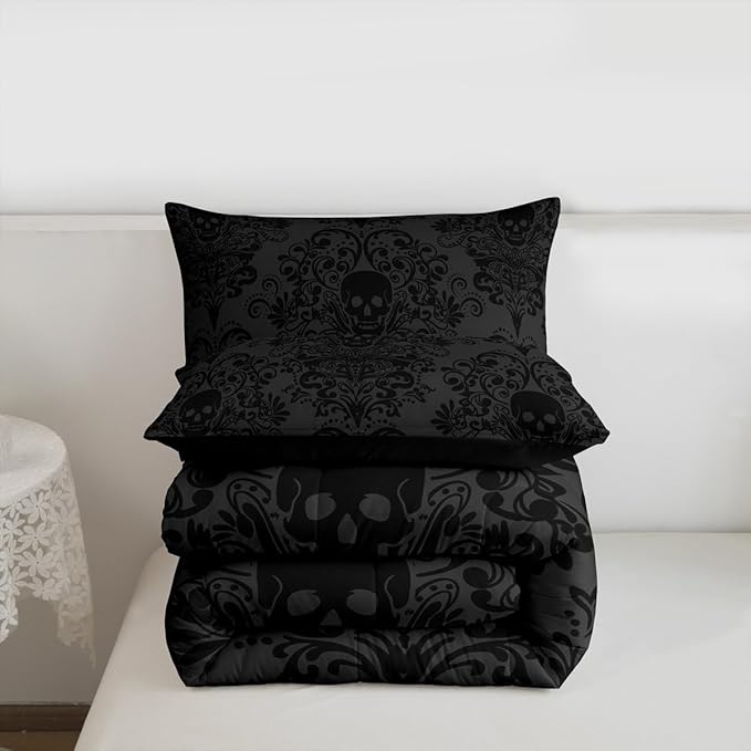 Feelyou Adults Gothic Skull Bedding Set Twin Size Kids Damask Print Comforter Goth Bohemian Duvet Breathable Soft Lightweight Microfiber Dark Olive Green Room Decor with 1 Pillowcase