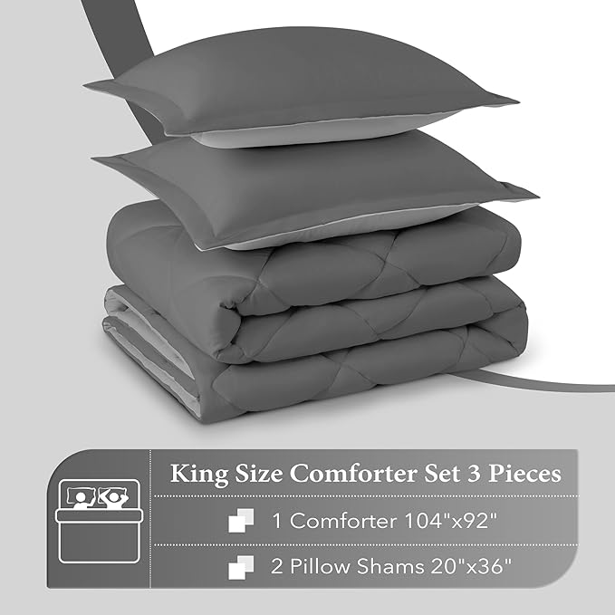 downluxe King Size Comforter Set - Charcoal and Grey King Comforter, Soft Bedding Sets for All Seasons -3 Pieces - 1 Comforter (104"x92") and 2 Pillow Shams(20"x36")
