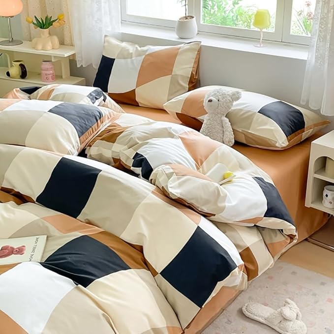 Hosueri Black White Brown and Cream Plaid Comforter Set Full Size Teen Boys Girls Warm Comfy Multicolor Beige Grid Distorted Checkered Bed Quilts Soft 3 Piece Preppy Modern Dorm Bedding Blankets Full