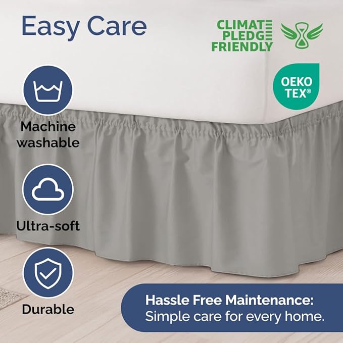 Wrap Around Dust Ruffle Bed Skirt - Light Grey - Twin/Twin XL Size Beds with 12 Inch Drop - Elastic Strap - Adjustable Pleated Bedskirt with Brushed Fabric and Wrinkle Free - Women, Men, Kids & Teens