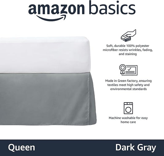 Amazon Basics Lightweight Pleated Bed Skirt, Machine Washable, Wrinkle and Fade Resistant, Queen, Dark Grey
