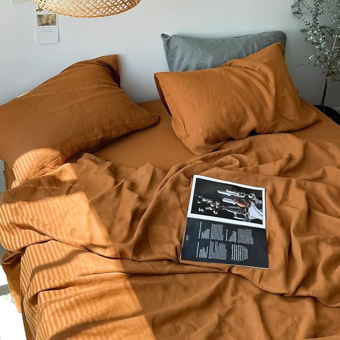 Simple&Opulence 100% Linen Pillowcases Basic Style Solid Color Set of 2, Queen Size Stone Washed Flax Pillow Cover Envelope Closure (20''x30'', Rust)