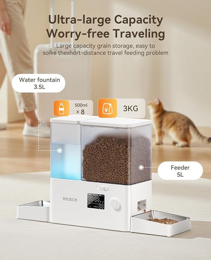 Automatic Cat Feeder and Water Dispenser,2-in-1 Large Capacity 5L cat Food Bowl and 3.5L Gravity Water Dispenser,Timed Cat Feeder for Cats Small Dogs Puppies Kittens Pets