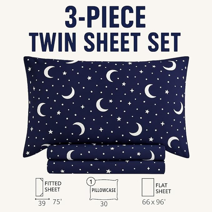 Heritage Kids 3-Piece Twin Sheet Set - Constellation Print Bedding with Top Sheet, Fitted Sheet & Pillowcase – Soft Microfiber Sheets for Boys or Girls, Navy Blue – Cozy & Machine Washable
