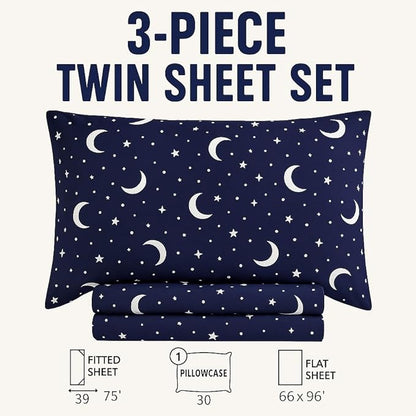 Heritage Kids 3-Piece Twin Sheet Set - Constellation Print Bedding with Top Sheet, Fitted Sheet & Pillowcase – Soft Microfiber Sheets for Boys or Girls, Navy Blue – Cozy & Machine Washable