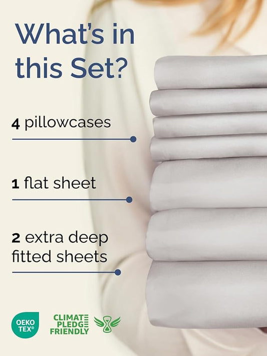 Extra Deep Split King Sheet Set - 7 Piece Breathable and Cooling Sheets - Hotel Luxury Bedding for Women, Men, Kids & Teens - Easy Secure Fit - Soft & Wrinkle Free - Extra Deep Pockets - French Grey