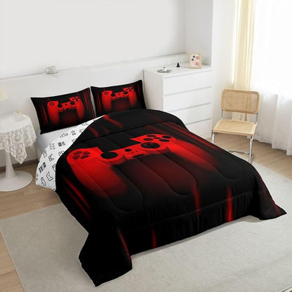 Feelyou Boys Gamer Comforter Set King Size Gaming Bedding Set Kids Video Games Comforter for Teen Child Gamer Room Decor Super Soft Red Black Bed Set Microfiber Game Geometric Duvet Quilted Gamer Gift