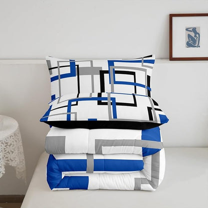 Grid Comforter Set,White Black Grey Blue Square Bedding Set,Geometric Stripes Bold Lines Quilted Duvet Queen Warm for Kids Teens Adult,Modern Creative Art Down Comforter with 2 Pillowcases