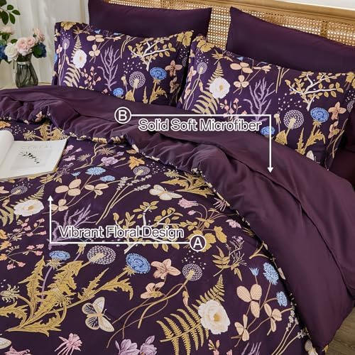Purple Floral Comforter Set Queen Size, 7 Piece Botanical Comforter Bedding