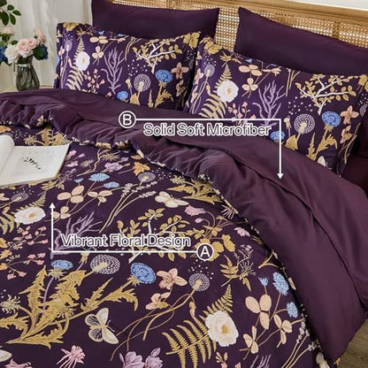 Purple Floral Comforter Set Queen Size, 7 Piece Botanical Comforter Bedding