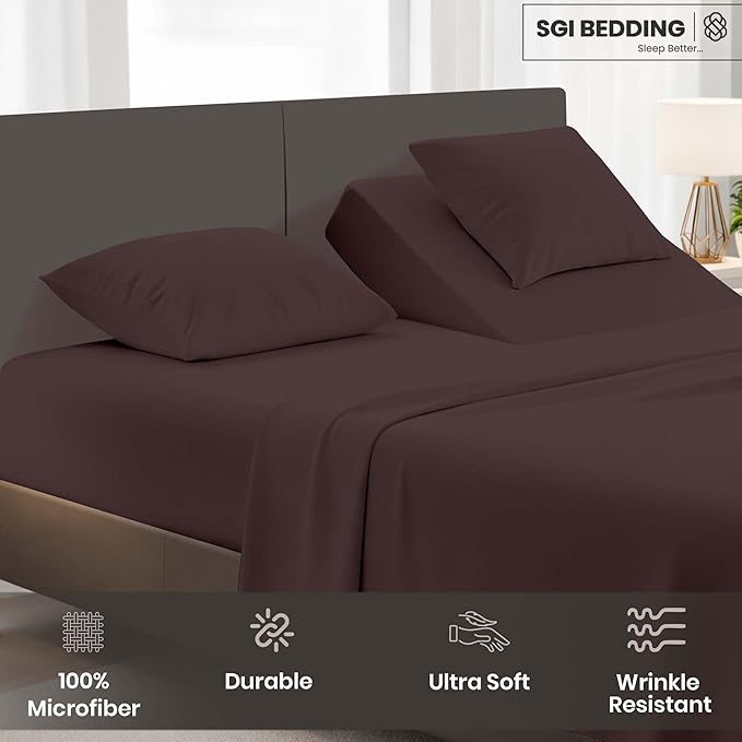 SGI bedding 36" King Split Top Flex Head Sheet Set 1800 Threads Flex Top Sheet for Adjustable Bed 4 Piece Sheet Set 15" Deep Pocket for Sleep Number Bed - Chocolate