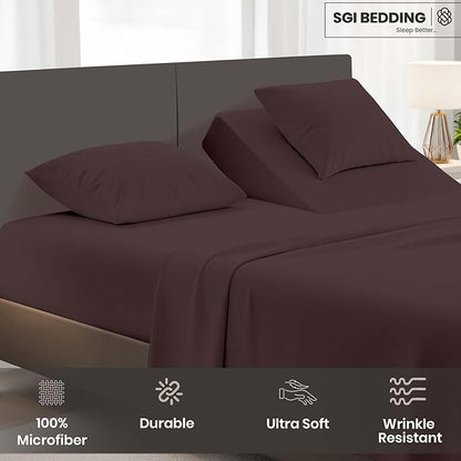 SGI bedding 36" King Split Top Flex Head Sheet Set 1800 Threads Flex Top Sheet for Adjustable Bed 4 Piece Sheet Set 15" Deep Pocket for Sleep Number Bed - Chocolate