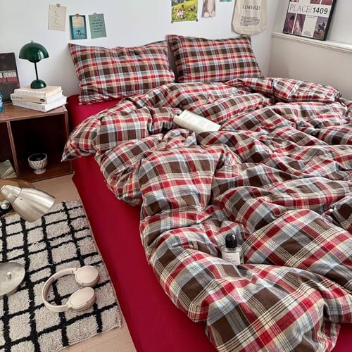 mixinni Vintage Red & Brown Buffalo Plaid Duvet Cover Set Full Size - 3 Piece Washed Cotton Bedding Set with Classic Checkered Pattern, Cozy Farmhouse Duvet Cover with Pillowcases for All Seasons