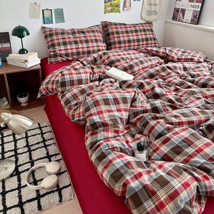 mixinni Vintage Red & Brown Buffalo Plaid Duvet Cover Set King Size - 3 Piece Washed Cotton Bedding Set with Classic Checkered Pattern, Cozy Farmhouse Duvet Cover with Pillowcases for All Seasons