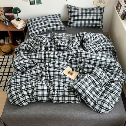 mixinni Vintage Grey & Pale Blue Buffalo Plaid Duvet Cover Set Full Size - 3 Piece Washed Cotton Bedding Set with Grid Pattern, Soft & Breathable Duvet Cover with Pillowcases for Boys, Men& Women