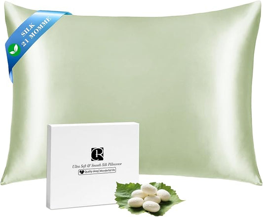 Ravmix Silk Pillow Cases with Zipper, 21momme Mulberry Silk Pillowcase for Hair Skin Health, Soft Smooth Breathable Cool Pillow Cover for Beauty Sleep with Gift Box 1PC(King 20"x36", Bean Green)