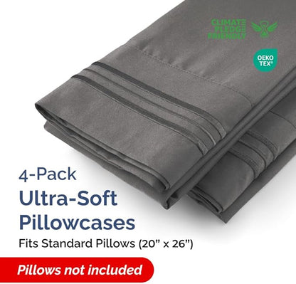 Standard Pillow Cases Set of 4 - Ultra Soft Hotel Quality Pillowcase Covers - Comfy Bedding for Women, Men, Kids & Teens - Machine Washable Pillow Protectors - 4 Piece Set - Standard Size Charcoal