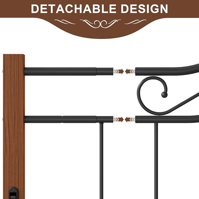 Headboard for King Size Bed Frame with Charging Station USB & Type C Ports | Vintage Platform Bed Headboard Only,Adjustable,Iron Legs,Easy Assembly,Black