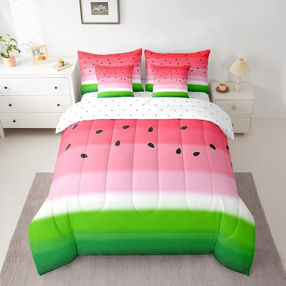 Castle Fairy 7 Pcs Watermelon Bedding Sets Red Pink Green Stripes Print Comforter Set for Kids Teens Adults All Season (Comforter Flat Sheet Fitted Sheet 2 Pillowcases 2 Throw Pillow Covers) Queen