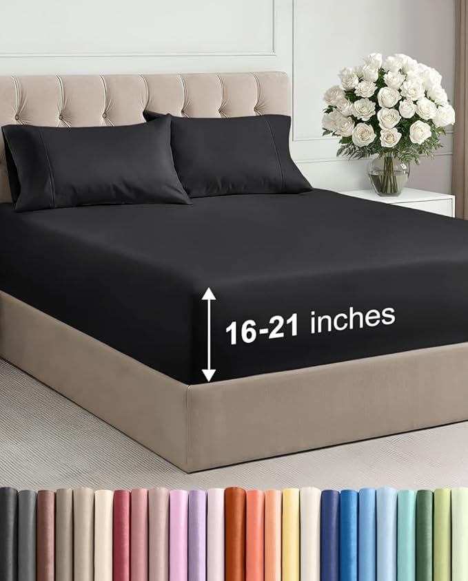 Extra Deep Pocket Full Size Sheet Set - 4 Piece Breathable & Cooling Bed Sheets - Hotel Luxury Bedding with 16 to 21 inch Extra Deep Pockets - Ultra-Soft, Fade & Wrinkle Resistant - Oeko-Tex - Black