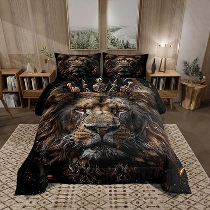 Castle Fairy 3D Lion Comforter Set Full Size Wild African Animal Bedding Set Bedroom Decor Golden Glitter Crown Quilt Set Comfortable and Breathable Luxury Black Duvet Insert with 2 Pillowcases