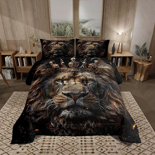 Castle Fairy 3D Lion Comforter Set Full Size Wild African Animal Bedding Set Bedroom Decor Golden Glitter Crown Quilt Set Comfortable and Breathable Luxury Black Duvet Insert with 2 Pillowcases
