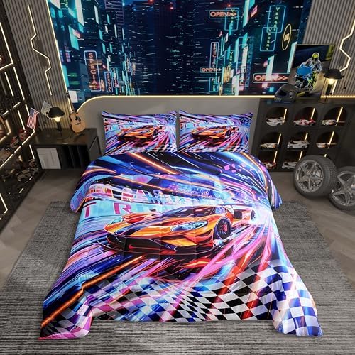 Race Car Kids Toddler Bedding Set Sports Cars Comforter Set for Boys Teen,Neon Sci-Fi Cars Racing Games Bedding Comforter Sets Black And White Checkered Grid Buffalo Duvet Quilt Race Car Room Decor