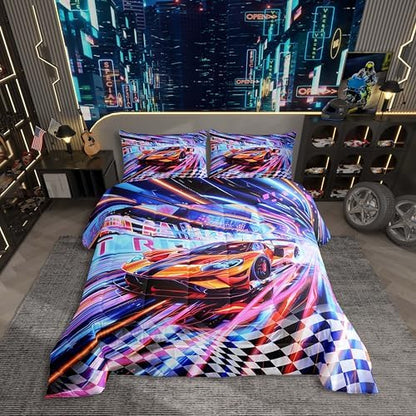 Race Car Kids Toddler Bedding Set Sports Cars Comforter Set for Boys Teen,Neon Sci-Fi Cars Racing Games Bedding Comforter Sets Black And White Checkered Grid Buffalo Duvet Quilt Race Car Room Decor