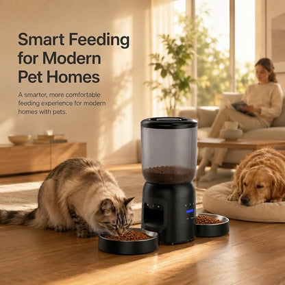 Automatic Cat Feeder with Camera, Dual Bowl 6L WiFi Pet Feeder | Dual 2K Cameras, Two Stainless Steel Bowls, AI Motion Tracking, App Control, 2-Way Audio, Dual-Band WiFi, 6L Capacity